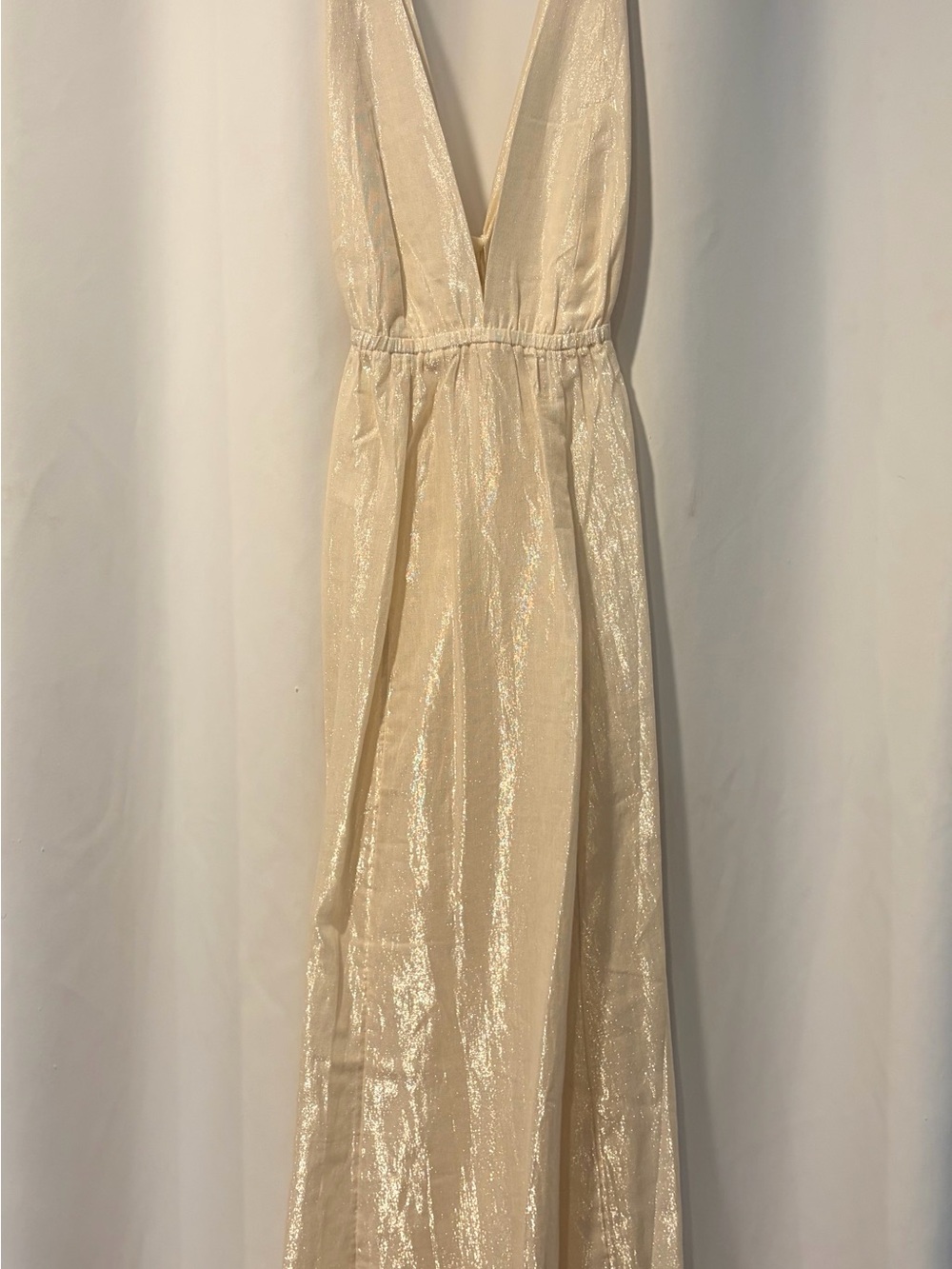 Elegant Cream V-Neck Sparkle Maxi Beach Dress